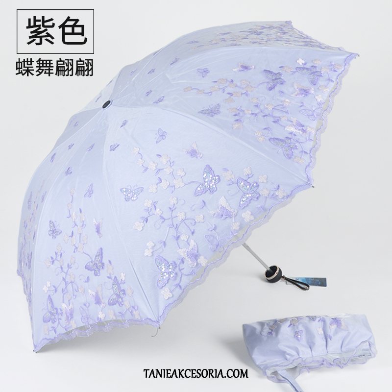 Damskie Parasol Haftowana Anty-uv Podwójna, Parasol Ochrona Przed Słońcem Koronka Oryginalne Blau Schwarz