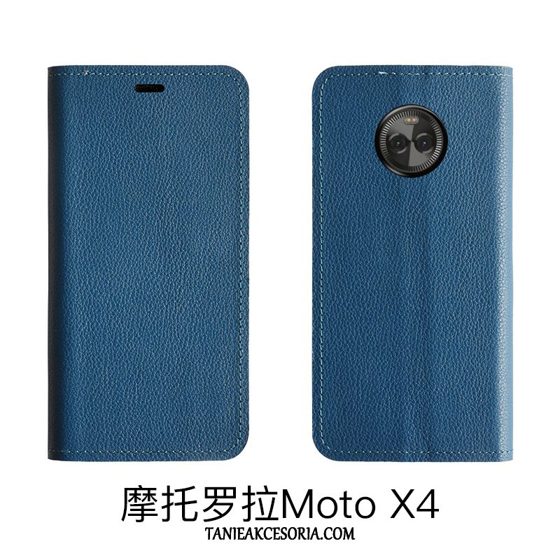 Etui Moto X4 Prawdziwa Skóra Niebieski Skórzany Futerał, Pokrowce Moto X4 Skóra Bydlęca Ochraniacz Telefon Komórkowy