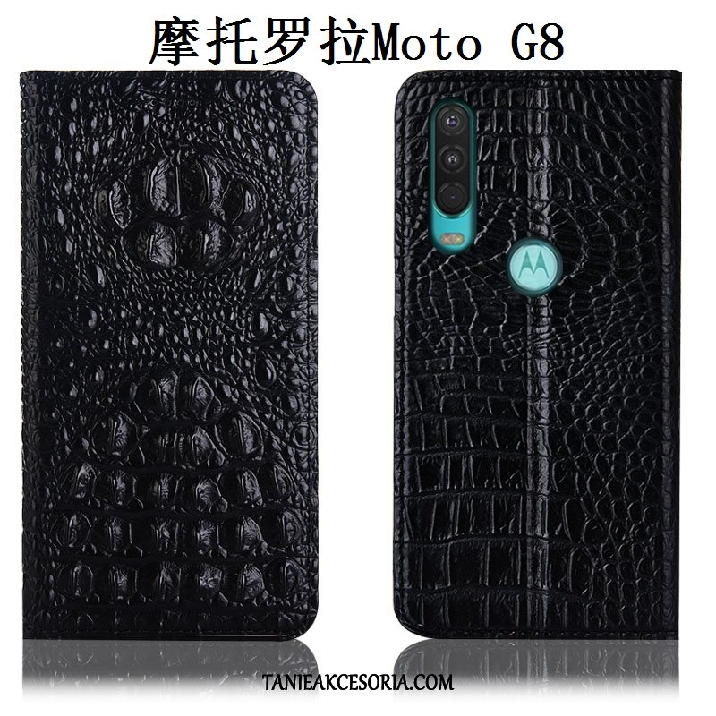 Etui Moto G8 Anti-fall Telefon Komórkowy Skórzany Futerał, Obudowa Moto G8 Prawdziwa Skóra Czarny